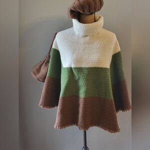 Vintage 60s Wool Handknit Poncho/Beret/Handbag Ivory/Green/Brown One Size